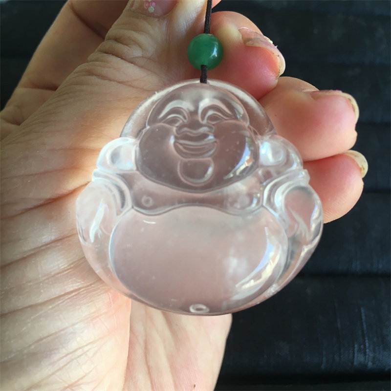 手工雕刻水沫玉中大佛公吊坠高冰干净水沫玉大肚佛挂件保真石英岩
