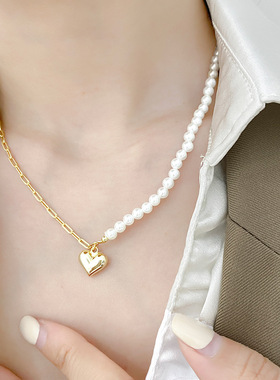 14K金色爱心贝珠项链女生夏季法式小香风ins轻奢锁骨链小红书同款