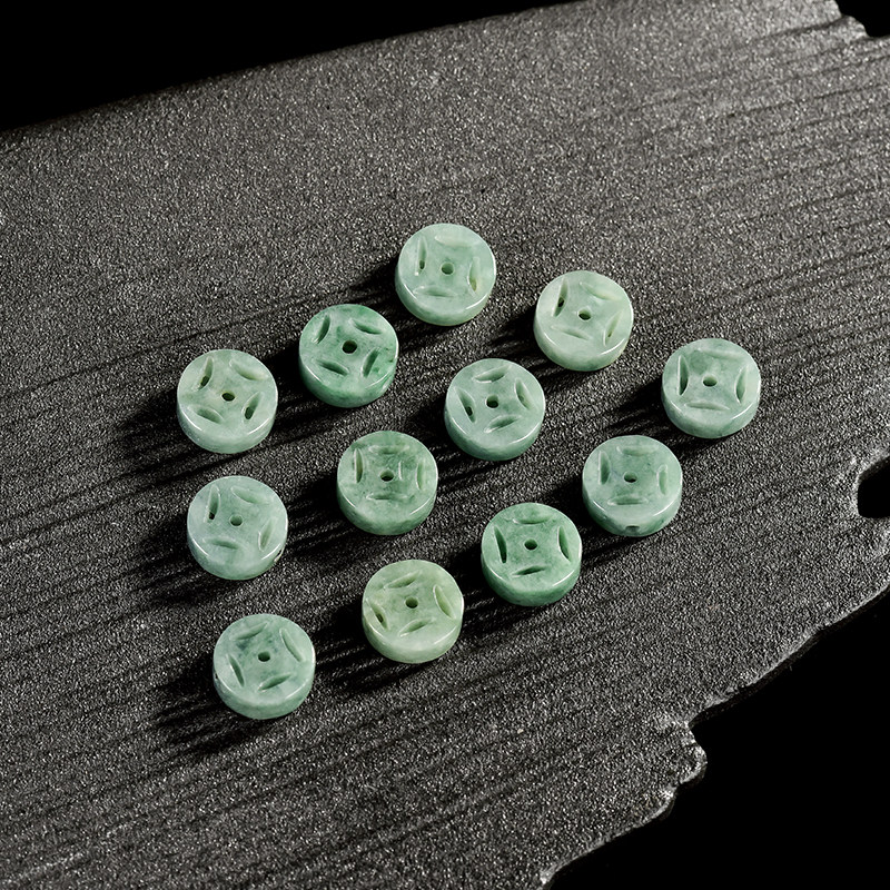 天然A货翡翠金钱铜钱玉珠子玉石散珠手工DIY材料串珠配件隔片B063
