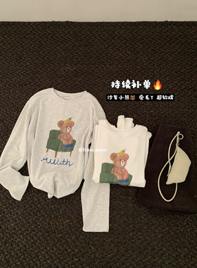 FROM ANNA韩版中长款磨毛女休闲宽松圆领卡通上衣小狗T恤242313#