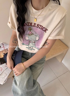 M.TWO春夏新款韩版可爱大象印花百搭显瘦洋气宽松短袖t恤女65109