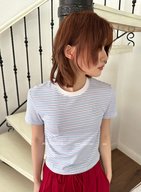 PEACE OWNERS 春夏新款圆领条纹短款套头T恤百搭打底衫上衣92460