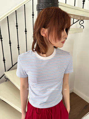 PEACE OWNERS 春夏新款圆领条纹短款套头T恤百搭打底衫上衣92460