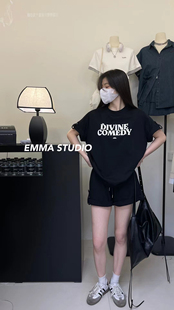 EMMA美式休闲套装女春夏设计感新字母印花上衣+高腰直简五分短裤