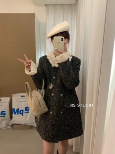 Rs 羽绒内胆花边小香风外套女中长款冬新款名媛风宽松大衣XL0192