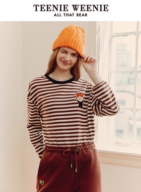TXXeenie小熊weenie条纹长袖T恤女装卡通休闲宽松打底衫TTLA22780