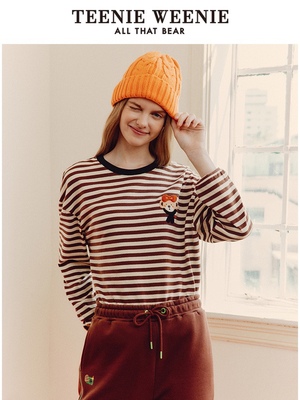 TXXeenie小熊weenie条纹长袖T恤女装卡通休闲宽松打底衫TTLA22780