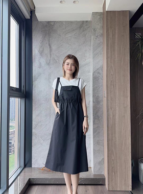 素夏SUSA初夏新款连衣裙假两件背带裙拼色收腰显瘦撞色设计15908