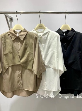 Susa素夏法式设计感天丝拼接袖T恤女2024秋新款显瘦高档上衣15530