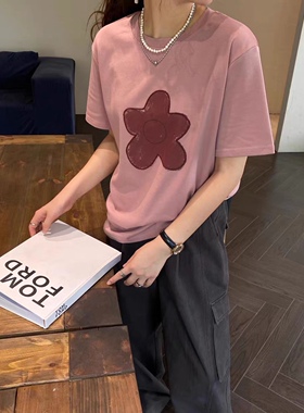 M77家韩版夏季新品可爱小花朵圆领宽松版高品质百搭上衣T恤M99203