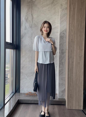 素夏SUSA夏设计师款式短袖假两件坎肩通勤拼接显瘦女上衣15829