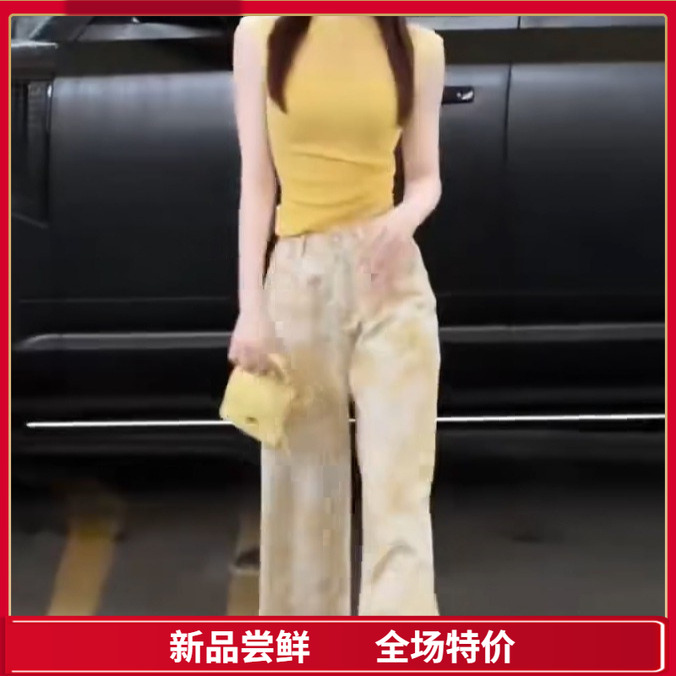 韩式气质无袖针织背心女装夏季新款短款修身显瘦上衣高腰牛仔裤子