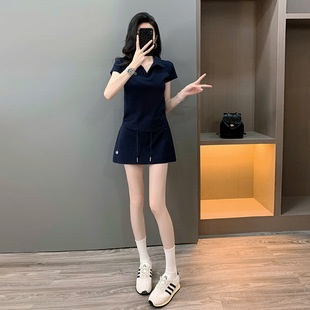 女装 极简风运动风韩版 显瘦休闲百搭ins套装 短袖 小标刺绣T恤女夏季
