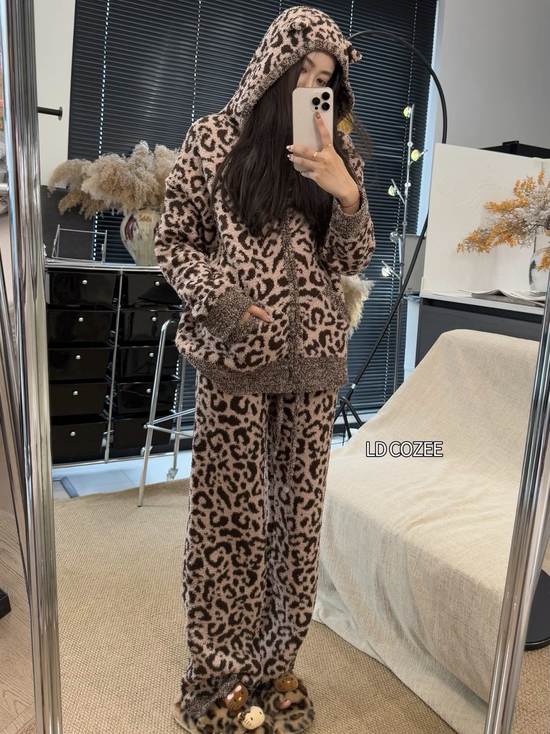 豹纹小野猫~软绵绵半边绒睡衣女秋冬加绒加厚家居服套装连帽拉链