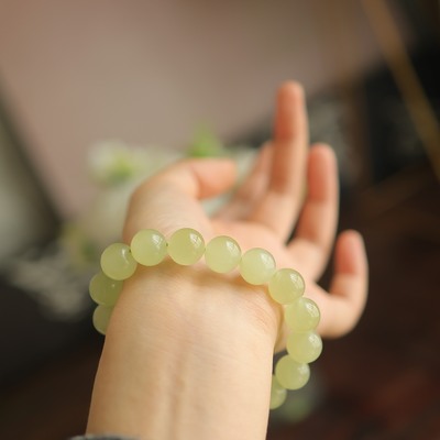 天然和田玉12mm冰黄口圆珠单圈