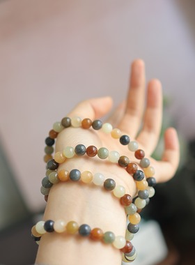 天然8mm和田玉楼兰圆珠多圈 气质多彩玉石高级感手串 货号15808