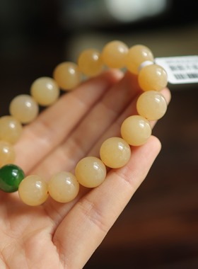 天然和田玉12mm野牛沟蜂蜜水圆珠单圈 显贵显气质手串 货号15475