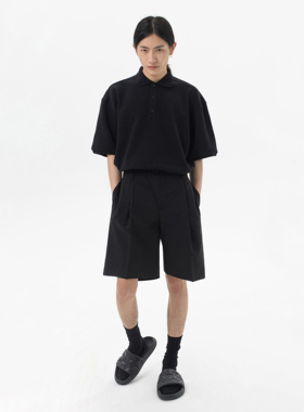 MONBLACK 黑色立体剪裁褶裥西装休闲高级正装短裤夏季羊毛宽松