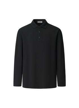 MONBLACK 基础款黑色不对称折纸领口设计宽松版型长袖polo衫