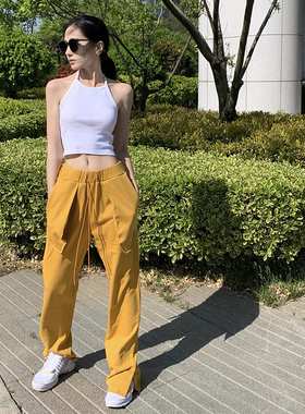 MONBLACK 口袋外穿开叉运动裤宽松潮流抽绳休闲喇叭裤VIBE风格