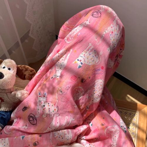 涂鸦彩点猫猫单睡裤纯棉双层纱布居家长裤卡通纯棉可爱宽松睡裤