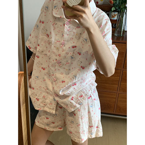 【A类全棉双层纱】可爱卡通猫咪翻领短袖短裤睡衣套装夏季家居服