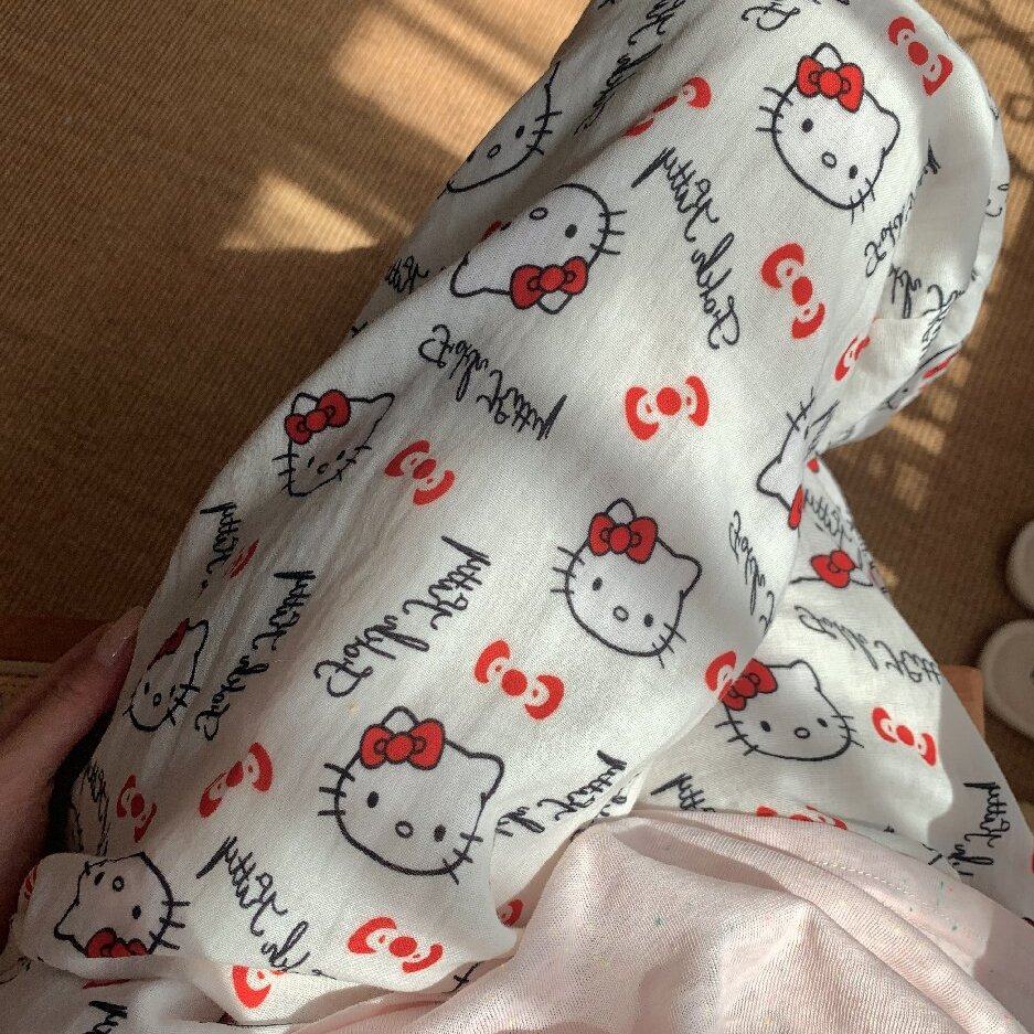 复古印花白色Kitty全棉双层纱小清新棉纱睡裤宽松舒适家居裤外出