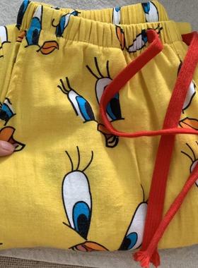 黄色翠迪鸟卡通全棉磨毛睡裤可爱宽松舒适家居裤遛弯裤女春秋外穿