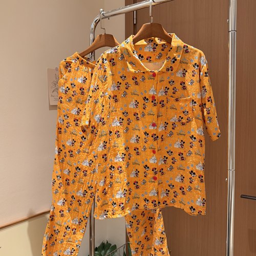 夏季上新！a类全棉双层纱翻领短袖长裤宽松可爱家居服套装可外穿