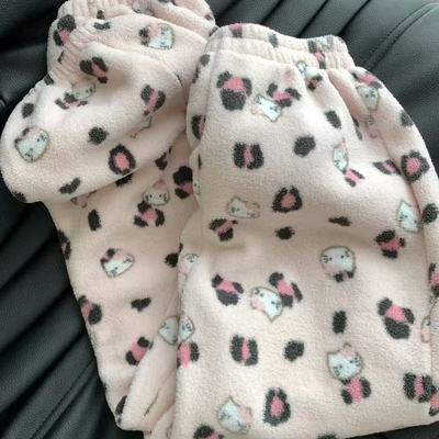 上新！加厚冬季保暖雪粒绒粉豹纹KT睡裤慵懒可爱家居裤可外穿～