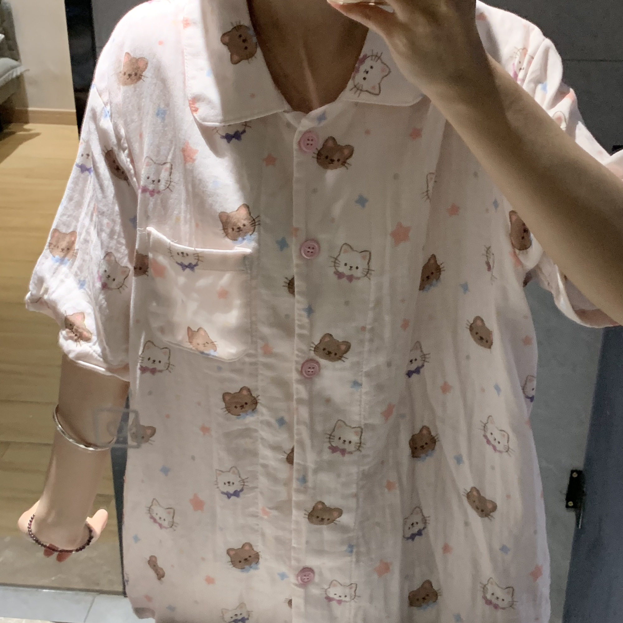 A类全棉双层纱星星小猫短袖短裤翻领睡衣套装可爱家居服