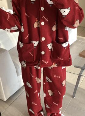 上新！女2025秋新款红色家居红底礼貌狗雪粒绒翻领套装