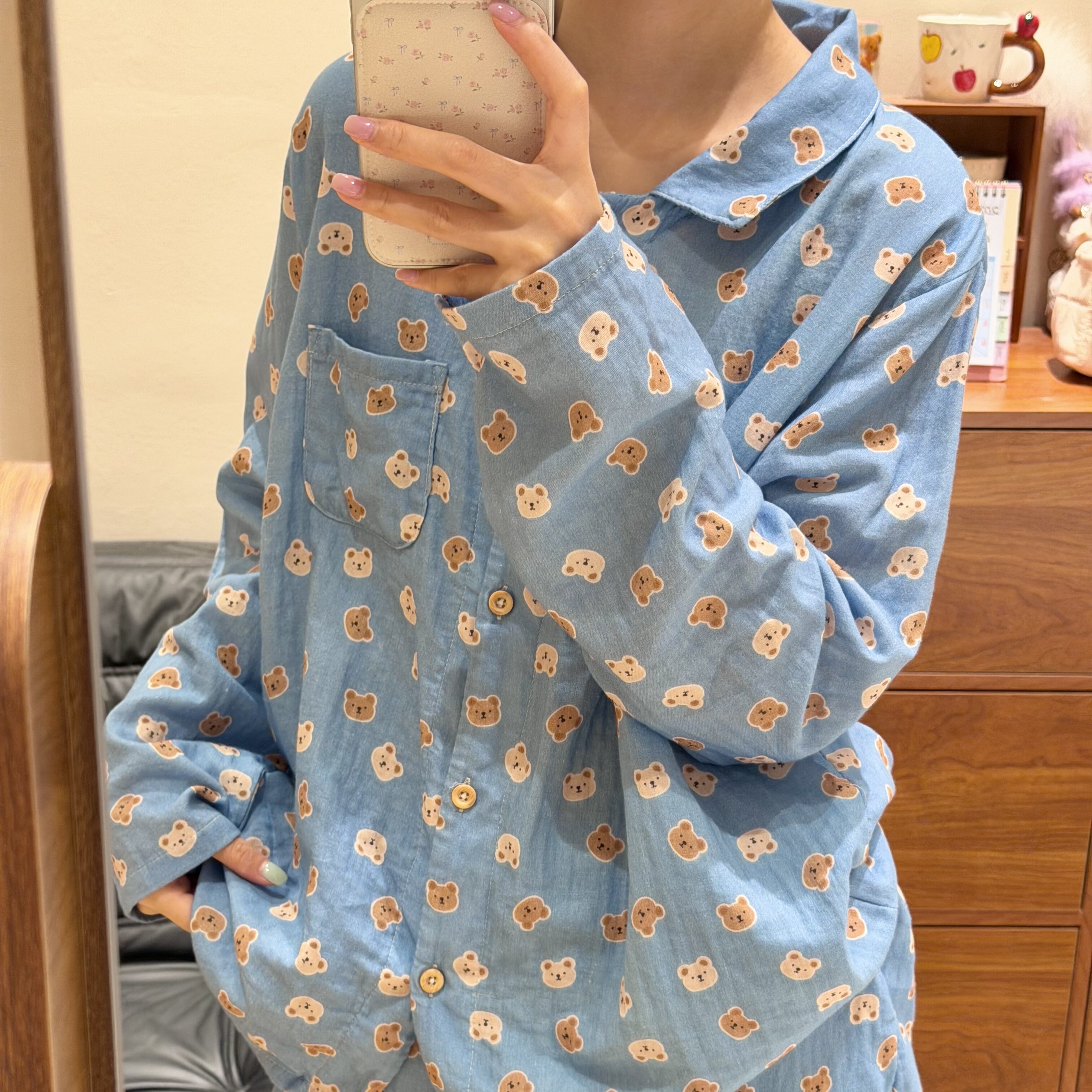 饼干小熊图案长袖睡衣女秋季家居服套装可爱翻领纯棉可外穿