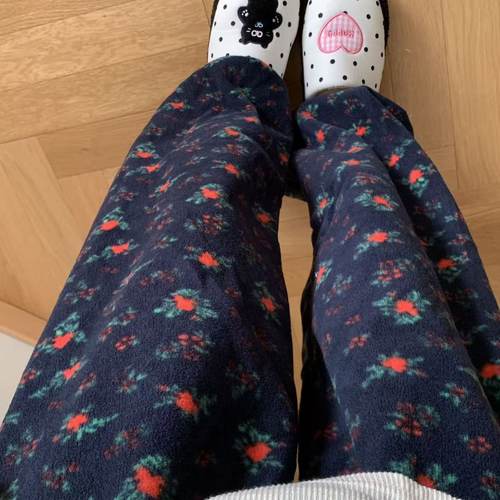 秋冬上新~加厚摇粒绒复古小碎花束脚长裤韩系百搭家居裤可外穿