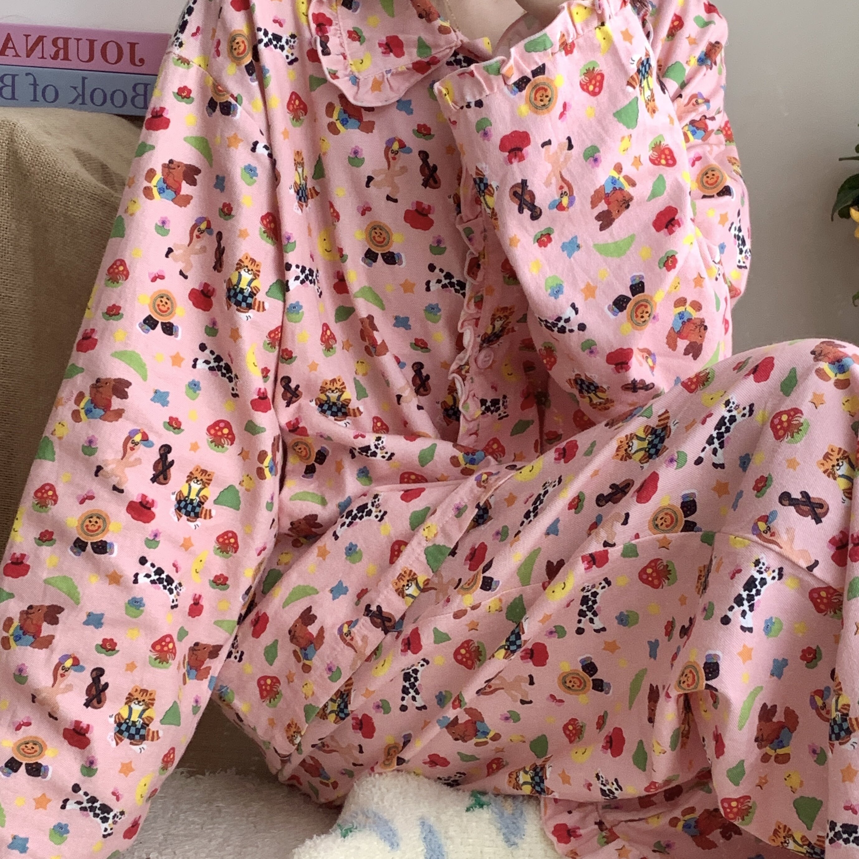 秋冬款！全棉磨毛荷叶边翻领女长袖长裤套装家居服居家可外穿睡衣