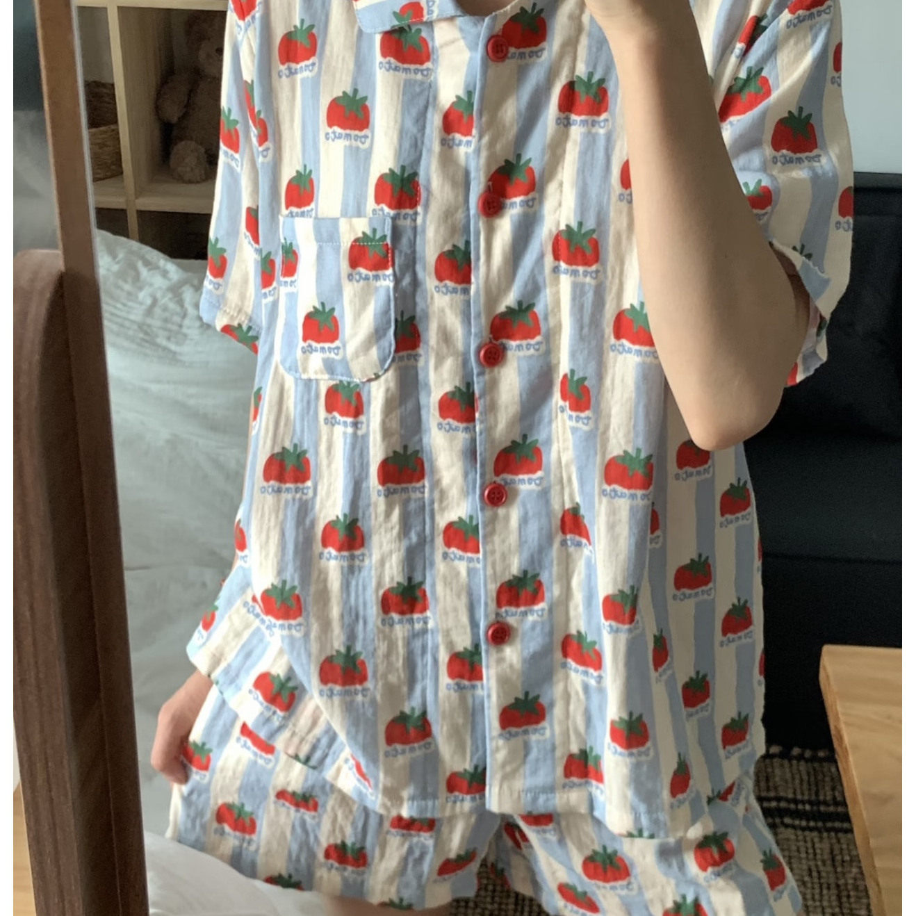 100%棉！蓝条纹西红柿短袖长裤睡衣女纯棉双层纱家居服套装