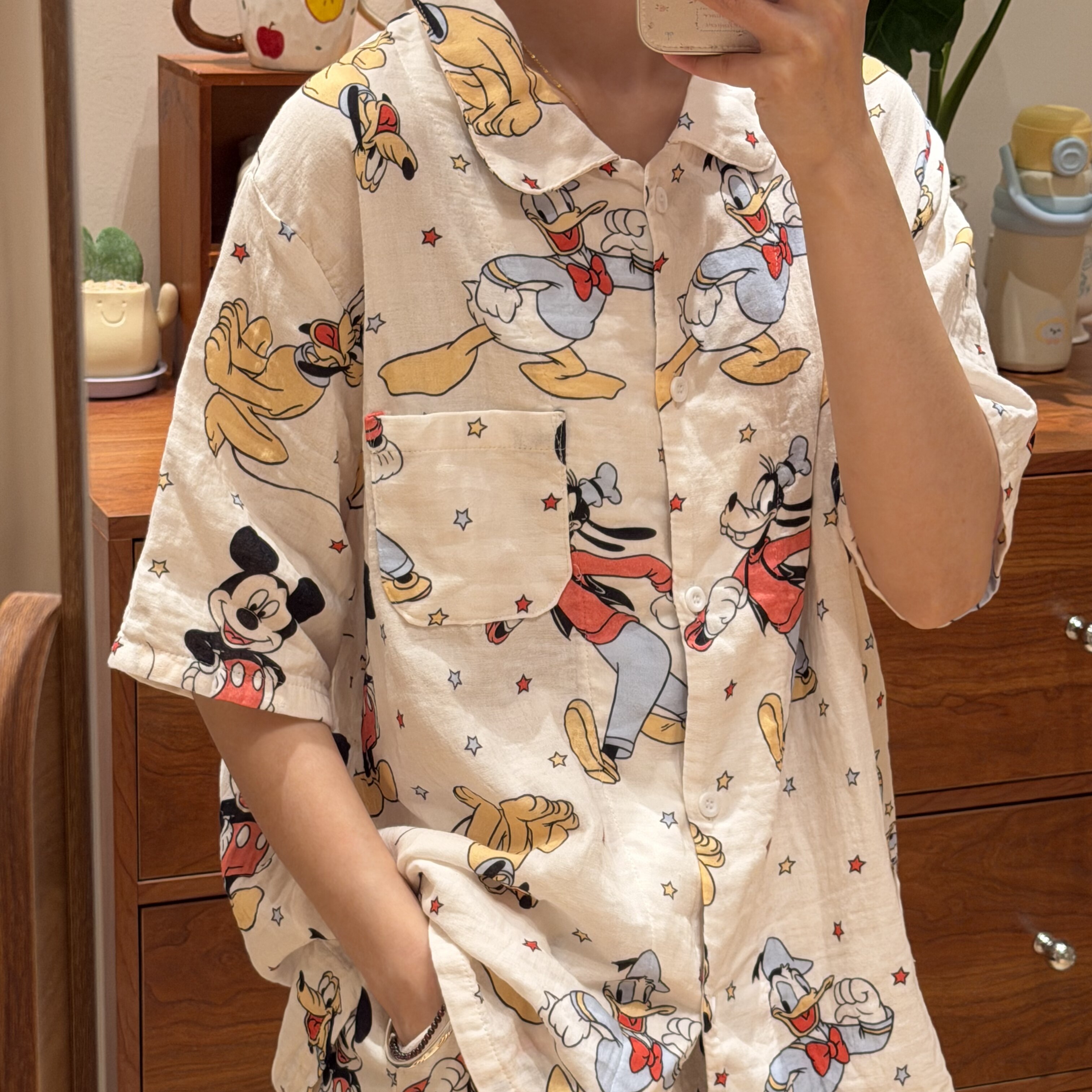 新品~星星米奇A类全棉双层纱翻领居家可爱卡通睡衣宽松居家服