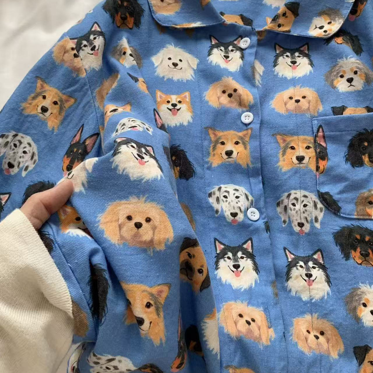 上新秋冬新款蓝色小狗头磨毛加厚睡衣女长袖长裤家居服套装可外穿