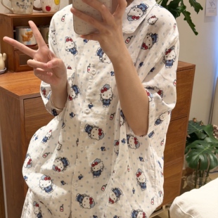 蓝波点小猫！全棉双层纱布睡衣可爱夏季短袖短裤家居服套装