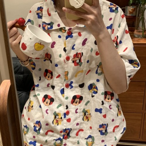 白底米奇!全棉双层纱布夏季小翻领短袖短裤套装睡衣宽松家居服