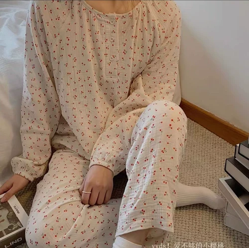 Осенняя пижама, хлопковый марлевый японский лонгслив, милый комплект