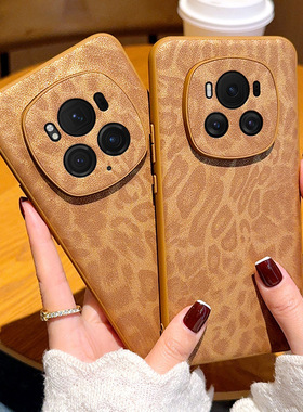 适用荣耀Magic6手机壳全包Magic6Pro美拉德系豹纹Magic7保护套Magic7Pro刺绣猫白色支架