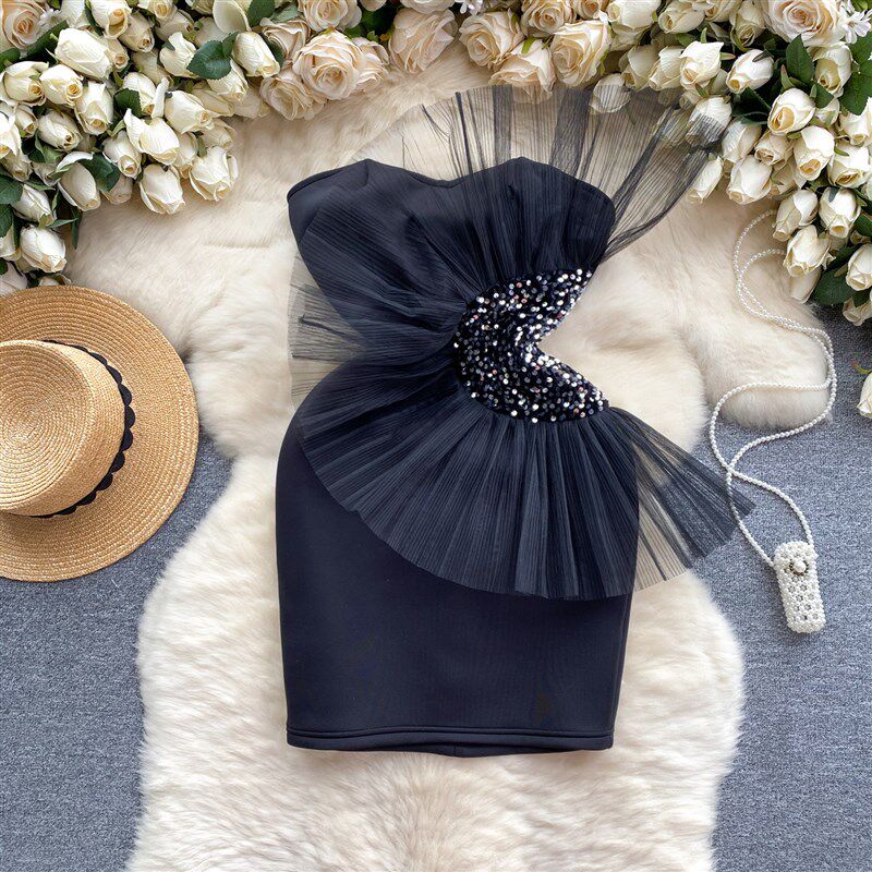 速发衣级感礼服高端轻奢小众网纱荷叶边亮片短款抹高连胸裙