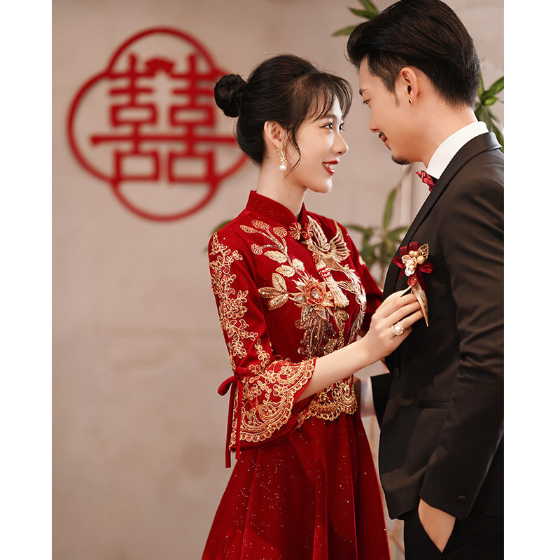 速发中式旗袍改良敬酒服2012新款结婚订服晚礼婚端庄复古冬季长款