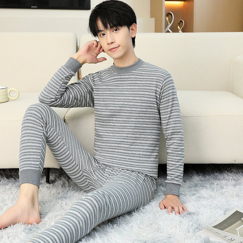 速发纹条秋衣秋裤男青少年2高24新款初0中学生半高领保暖内衣套装