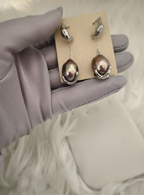 天然珍珠稀有色牛油果银紫巴洛克熔岩耳坠耳环女 一物一图