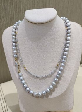 天然淡水银灰色珍珠巴洛克十字珍珠送水晶链两件套叠戴款微瑕特价