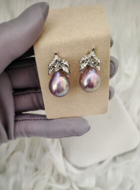 原创设计天然稀有色淡水珍珠银金属感紫光巴洛克耳钉耳环女