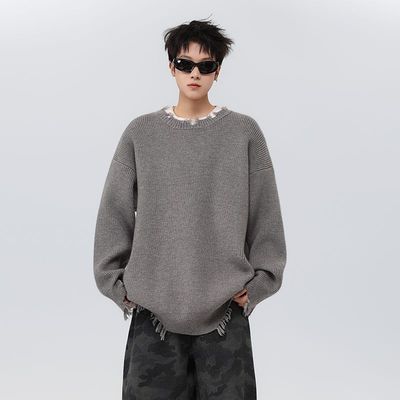 灰色破坏风毛衣男秋冬季潮牌痞帅慵懒cleanfit宽松内搭针织打底衫