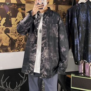 男春秋薄款 衬衫 宽松休闲衬衣百搭帅气上衣外套潮 复古扎染长袖 美式
